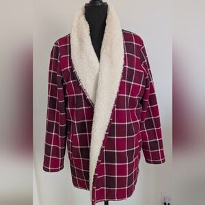 LL Bean Red Plaid Sherpa Lined Open Jacket Women's Petite Large